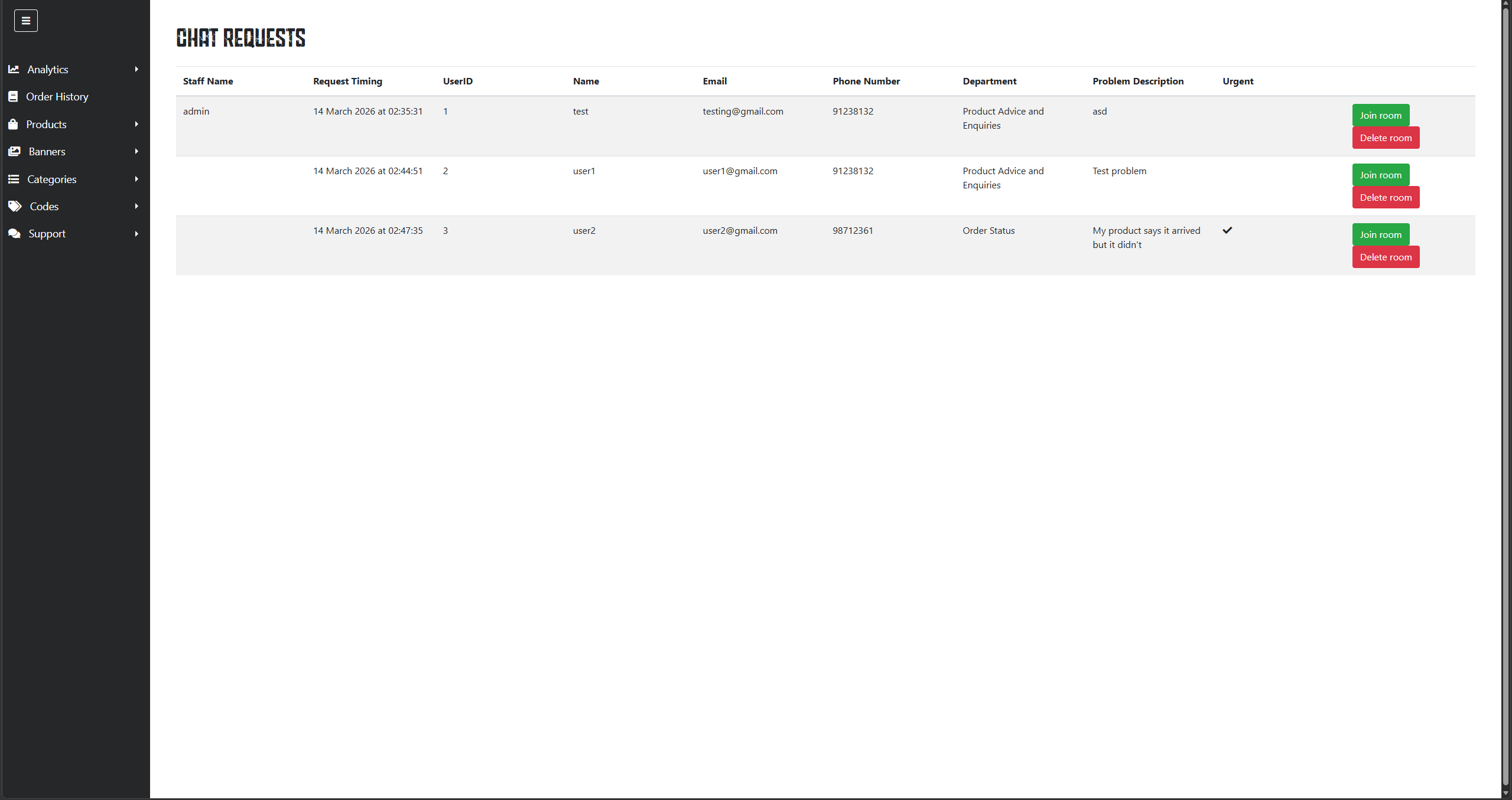 Support staff live chat request hub