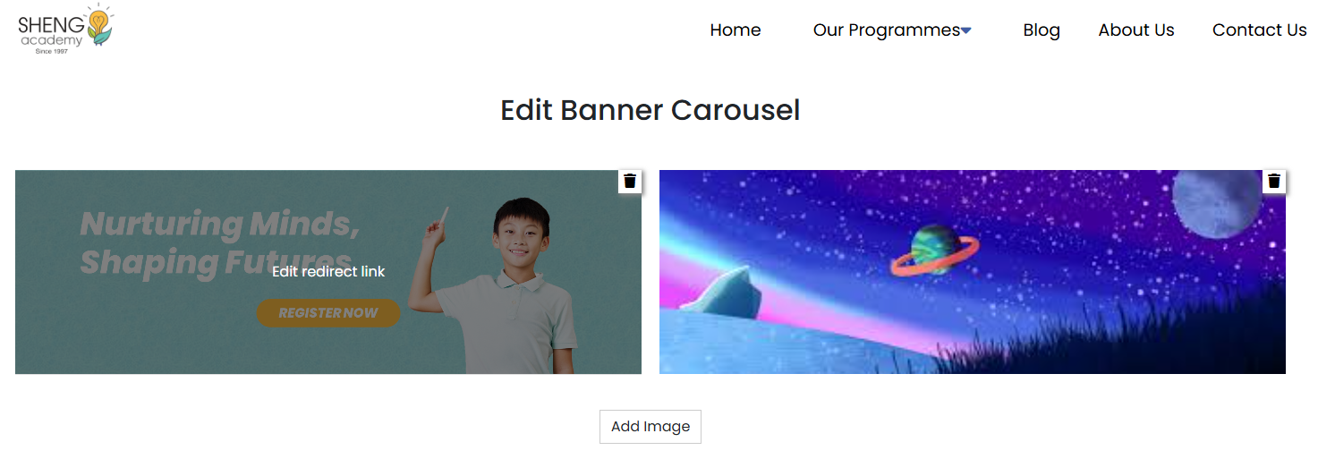 Carousel editor showing upload & redirect edit