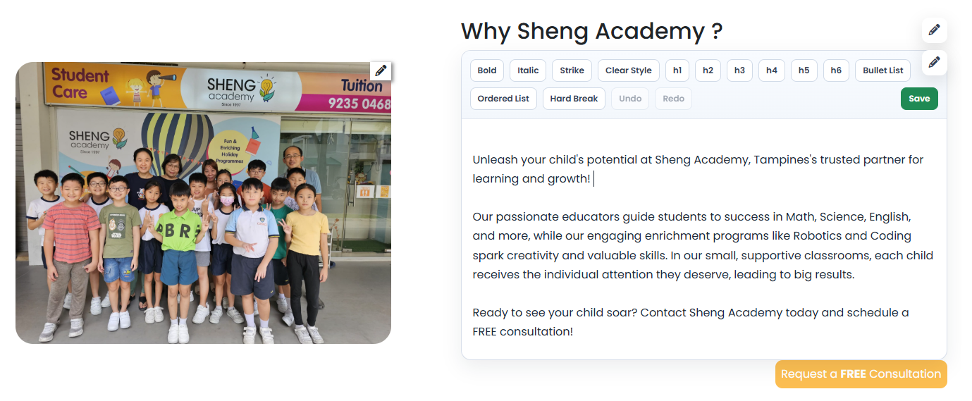 Rich text editor editing a page section